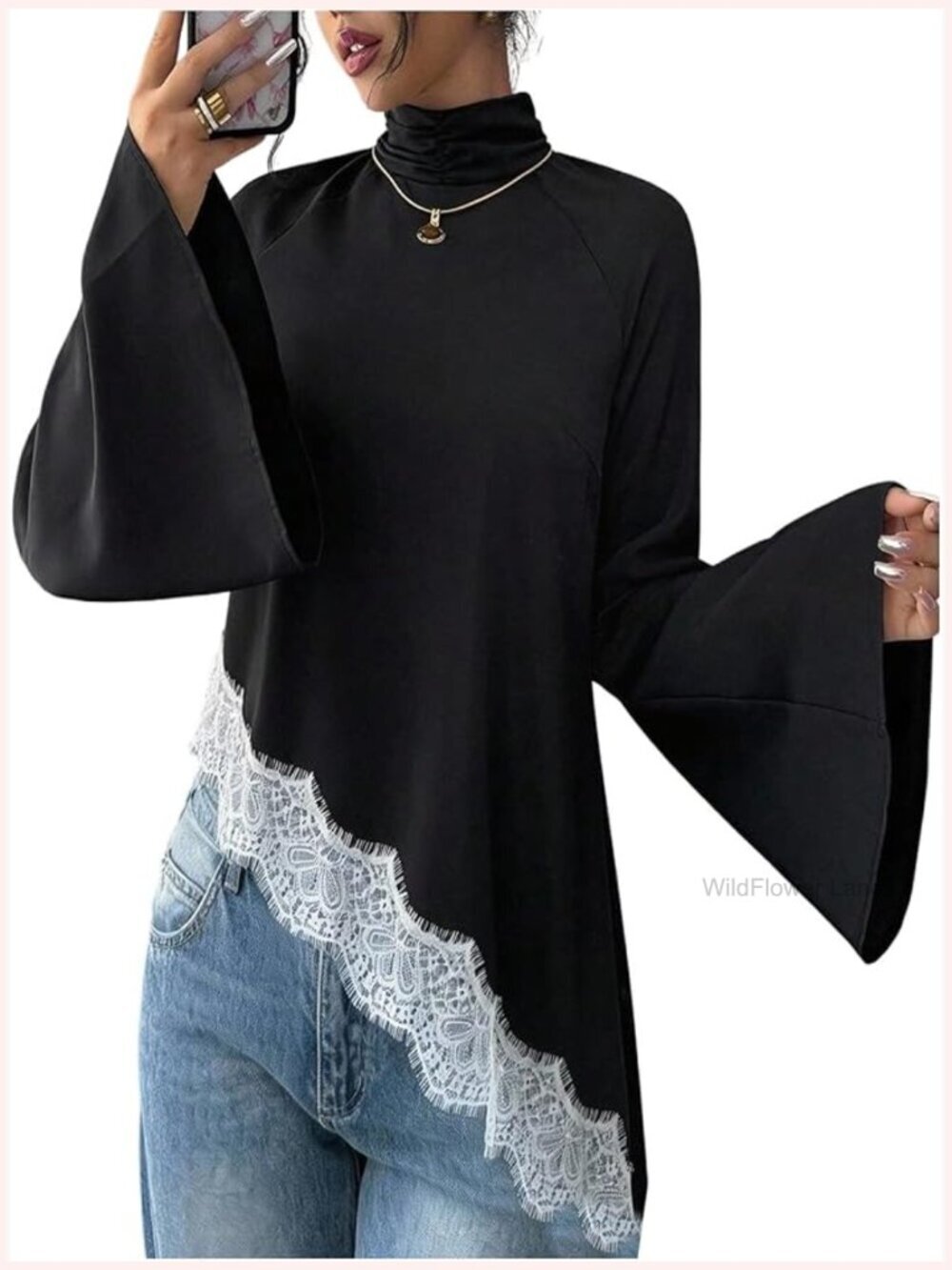 Lace Trim Asymmetrical Hem Bell Sleeve Blouse Long Sleeve Flowy Tunic Top